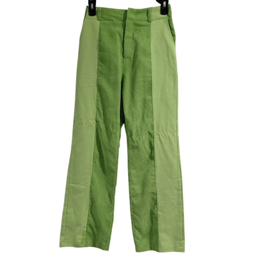 Fashion Sexy Lounge Lime Green Two Tone Corduroy Paneled Straight Leg Pants S
